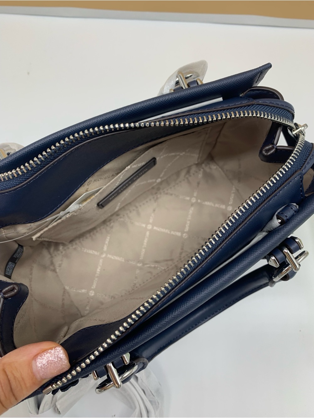 Michael Kors Marilyn Navy Floral Applique Satchel - Picture 10 of 15